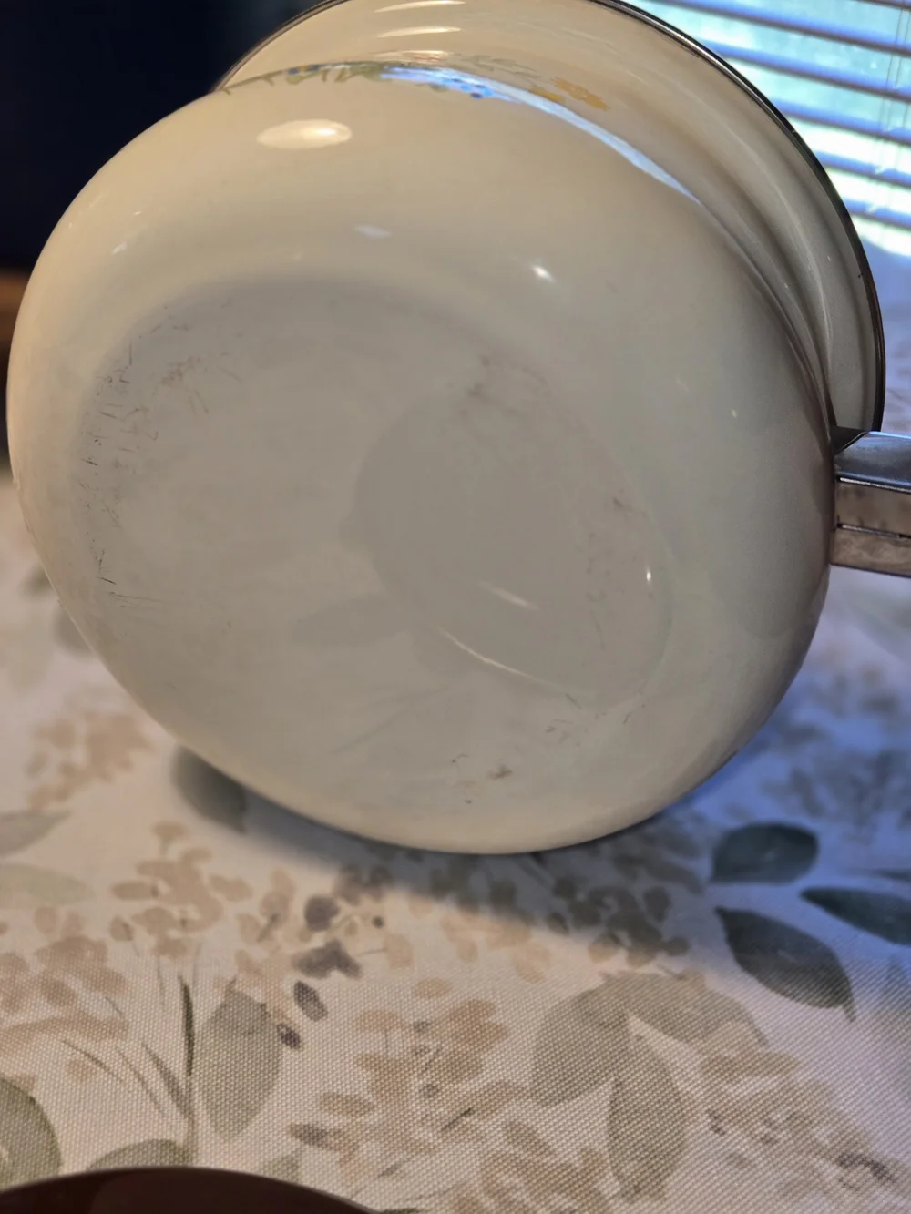 70s Vintage Medium Enamel Saucepan, Brown Lid, Floral Butterly Design